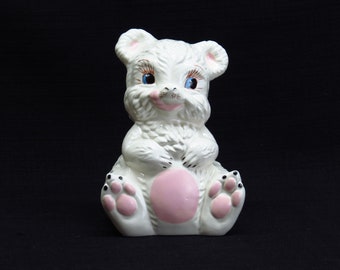 Adorable Vintage Gilner California Art Pottery White & Pink Bellied Teddy Bear Piggy Bank