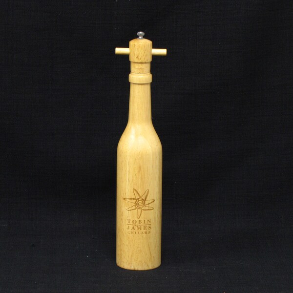 Tobin James Cellars Engraved Wine Bottle Shaped Wood Pepper Mill Pepper Grinder.