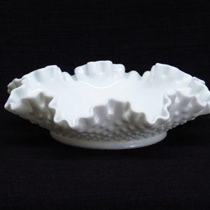 Elegant Fenton Hobnail Pattern Milk Glass Large Crimped Bon Bon Bowl