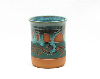 Artisan Handcrafted Wheel Thrown Carved Drip Glaze Canister Vase Pot by Northwest Artist T Woods.