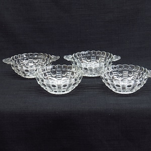 Set of Four Vintage Indiana Glass Mayflower Clear Bubble & Bar Design Pressed Patterned Handled Clear Glass Bowls
