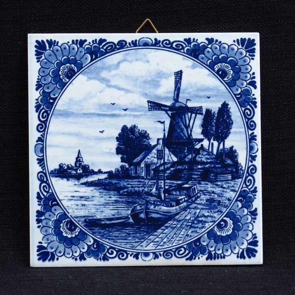 Vintage Artisan Hand Painted Delft Blue Wall Tile Floral Pattern with Village Windmill and Docked Sailboat Scene