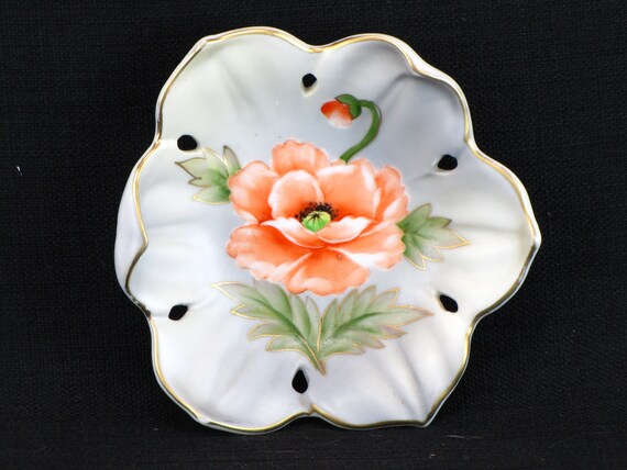 Vintage Japanese Shofu China Hand Painted Poppy Flower Motif Flower Shaped Pin Ring Trinket Dish