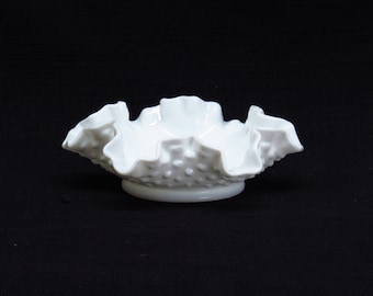 Fenton Hobnail Pattern Crimped Milk Glass Small Bon Bon Dish