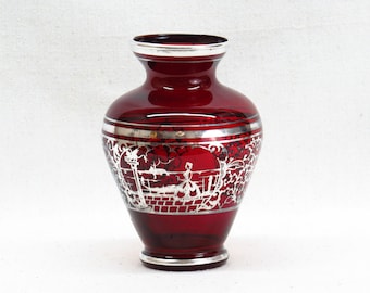 ベネチアンルビーレッドガラス花瓶：シルバーオーバーレイフローラル