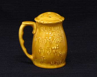 Large Vintage Ceramic World Languages Motif Handled Cheese Shaker Parmesan Dispenser.