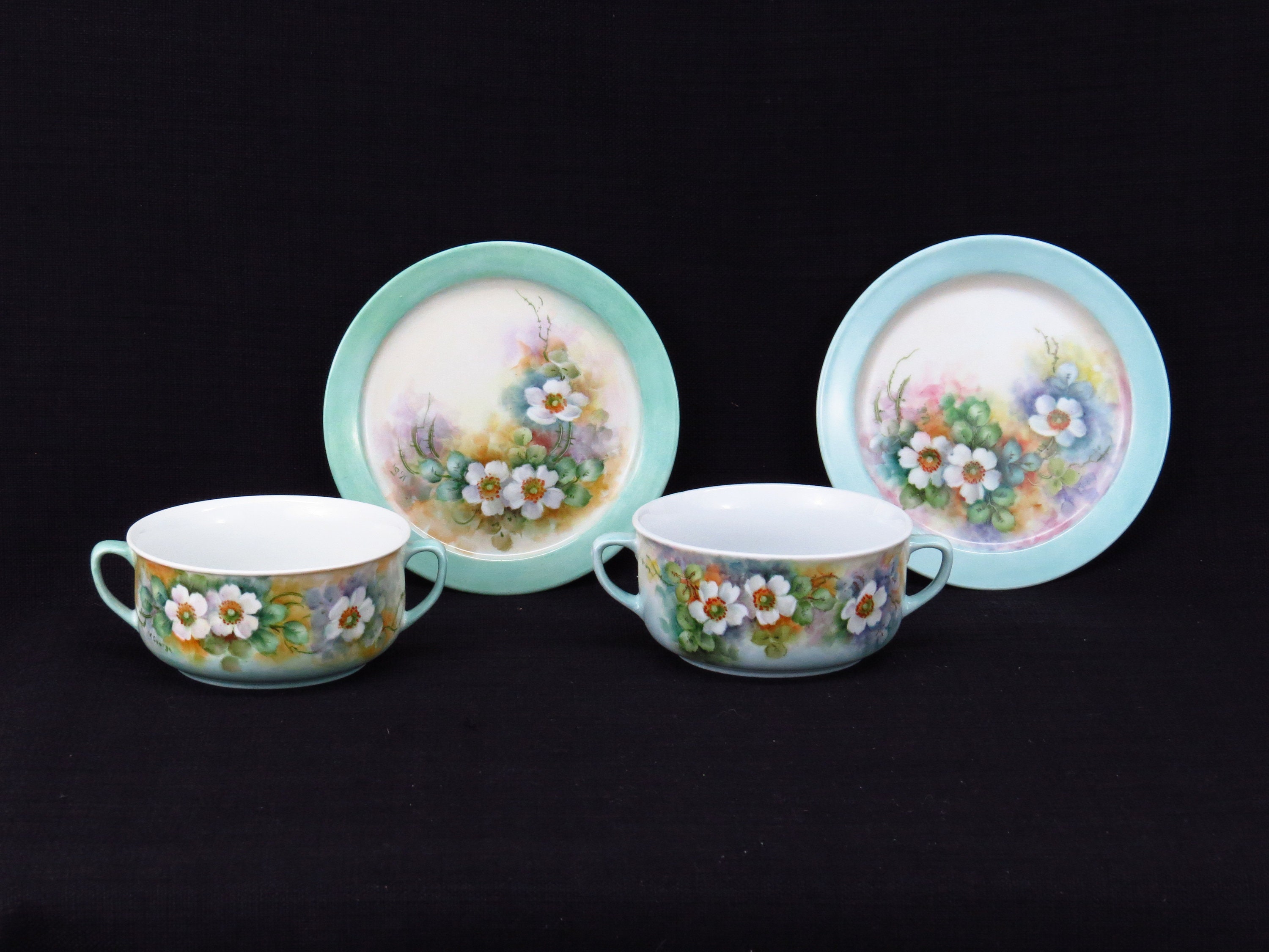 Set of Two Hand Painted Double Handled Soup Bowls With Saucer Lovely ...