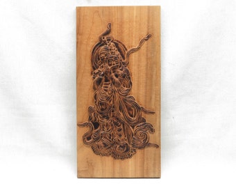 Japanese Tennin Celestial Musician Carved And Burnt Wood Plaque Raised Carving Heavenly Tennyo Maiden Playing the Flute