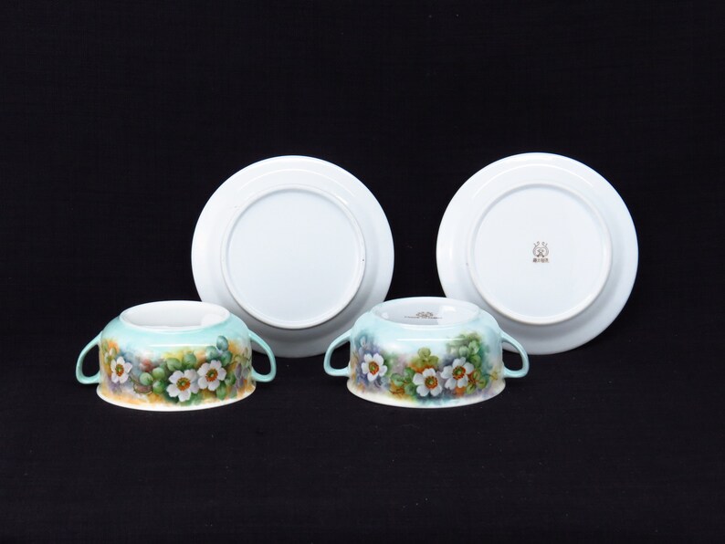 Set of Two Hand Painted Double Handled Soup Bowls With Saucer Lovely ...