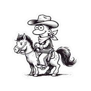 Adesivi da cavalcata da cowboy, adesivi da rodeo western del selvaggio West, arte dei cartoni animati in bianco e nero, adesivo per cavalli carini, adesivo per laptop, adesivo per bottiglie d'acqua,