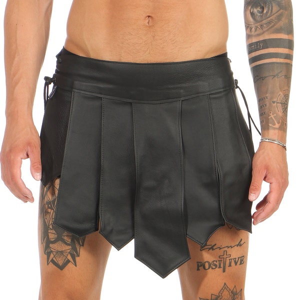 BURNING MAN GLADIATOR Amazonen Kilt Legionär Rock Real Leather Skirt Echt Rind Leder Festival Party Style Typ B Schnürung