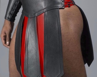 Nr 11* Burning Man Gladiator Kilt Czarno-czerwona spódnica legionisty Spódnica ze skóry naturalnej Prawdziwa skóra bydlęca Styl festiwalowy i imprezowy Projekt rzymski prezent