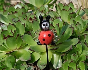 Pique à pot de fleur coccinelle en verre filée au chalumeau, petit modèle