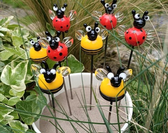 pique pour embellir vos pot de fleurs, abeilles ou coccinelle au choi, en verre, grand modèle