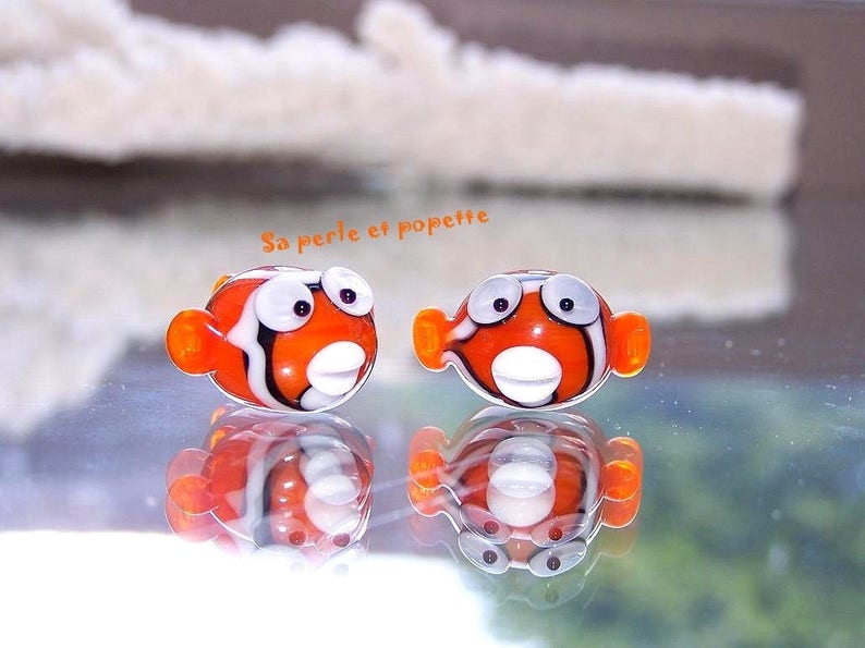 Clown fish duo in blowtorch-spun glass, duo, its pearl and popette image 1