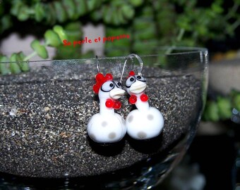 boucle d'oreilles en verre, poulettes blanches argent 925 chalumeau