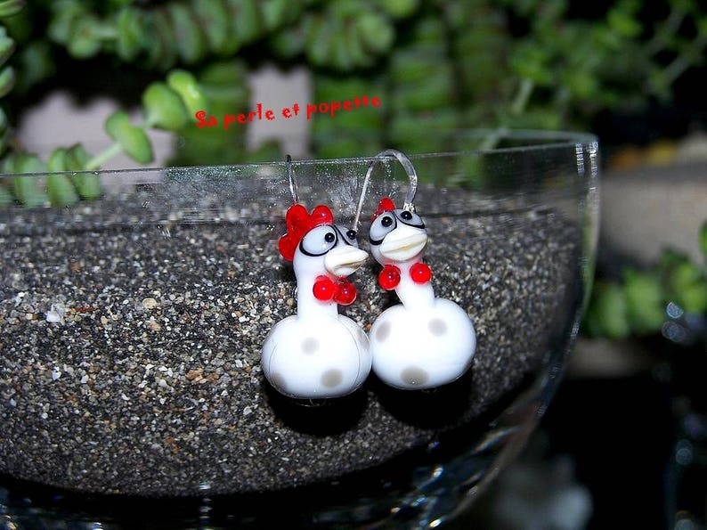 boucle d'oreilles en verre, poulettes blanches argent 925 chalumeau image 1