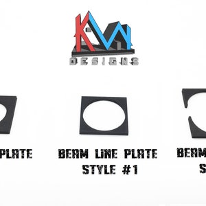 May include: An image showcasing three black square plates with circular cutouts. The plates are labeled "FILLER PLUG PLATE", "BEAM LINE PLATE STYLE #1", and "BEAM LINE PLATE STYLE #2". The KM Designs logo is at the top.