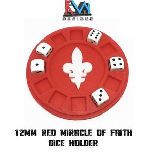 May include: Red dice holder with a white fleur-de-lis design in the center. The holder has spaces for dice and includes six white dice with black dots. The text "12MM RED MIRACLE OF FAITH DICE HOLDER" is at the bottom.