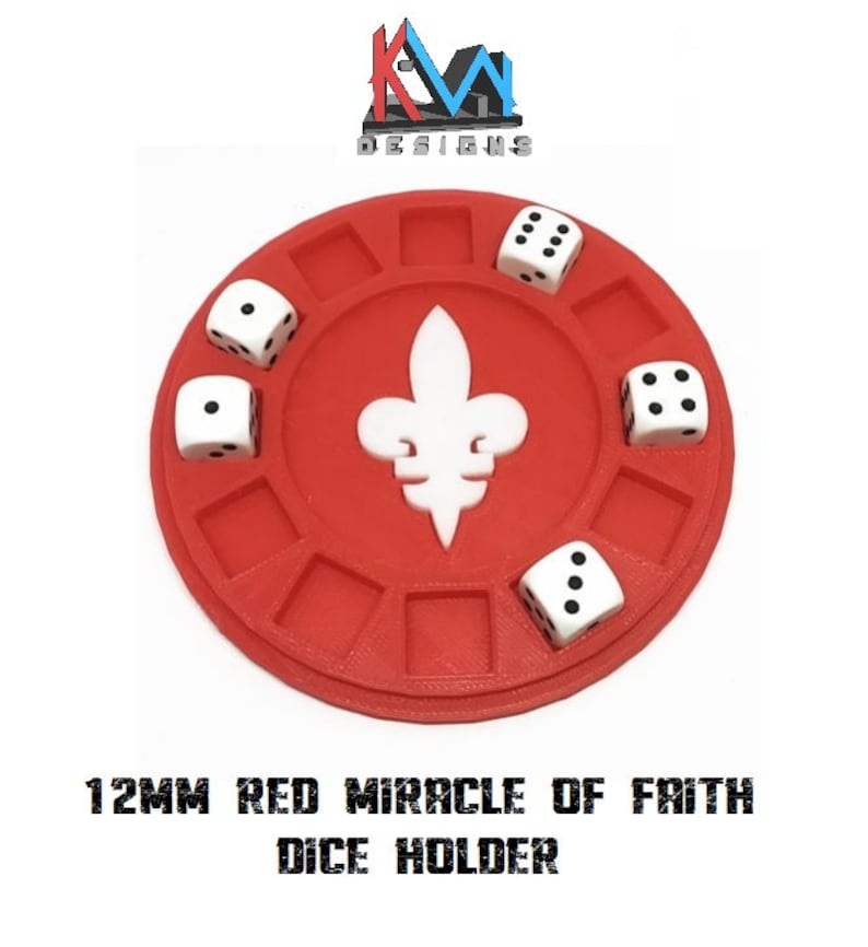 May include: Red dice holder with a white fleur-de-lis design in the center. The holder has spaces for dice and includes six white dice with black dots. The text "12MM RED MIRACLE OF FAITH DICE HOLDER" is at the bottom.