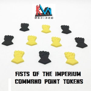 May include: A set of ten command point tokens for the game Warhammer 40,000. The tokens are shaped like fists and are either black or yellow.