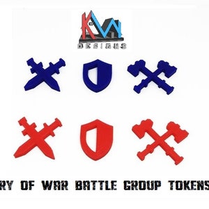 May include: Six Cry of War battle group tokens. Two blue tokens with crossed swords, a shield, and crossed axes. Two red tokens with crossed swords, a shield, and crossed axes.