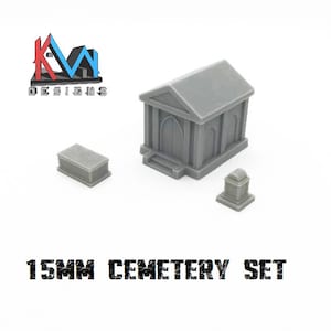 May include: A 15mm scale cemetery set with a gray mausoleum, a gray tombstone, and a gray coffin. The set is made of plastic and is perfect for tabletop gaming.