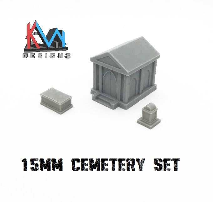 3D Printed – 15mm (1:100) Scale Cemetery Graveyard Set (Mausoleum, Grave & Tomb)