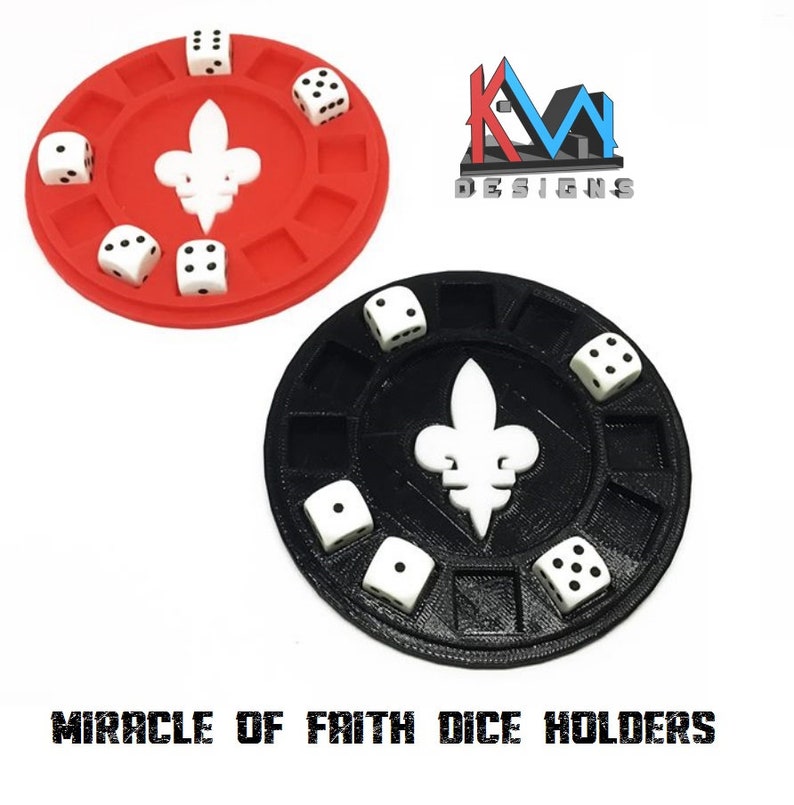 May include: Red and black dice holders with white fleur-de-lis designs, each holding six white dice. The text "MIRACLE OF FAITH DICE HOLDERS" is at the bottom. The KM Designs logo is in the upper right corner.