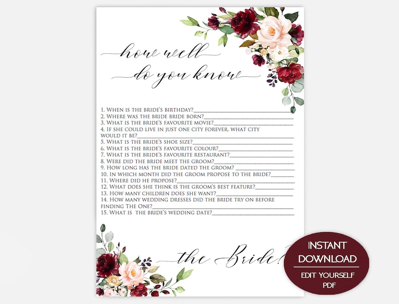 Bridal Shower Game burgundy Printable Instant Download marsala wedding Editable Game PDF Template How Well Do You Know The Bride marsala
