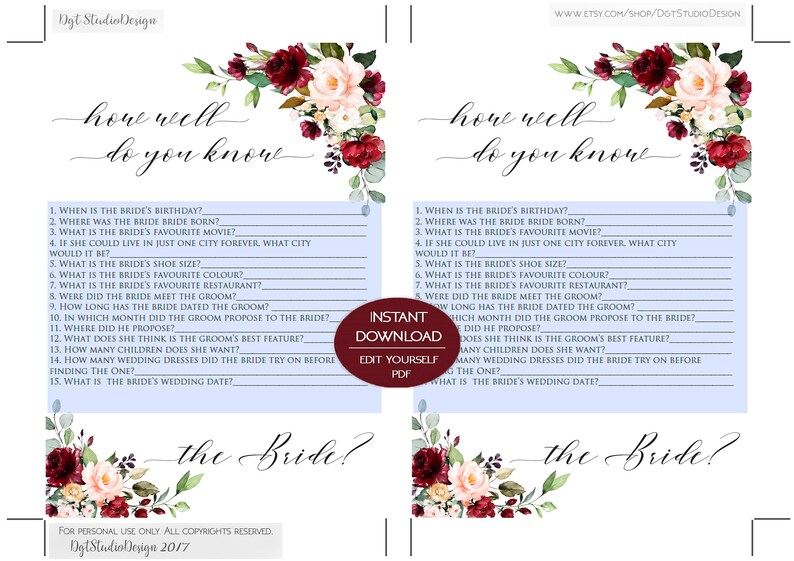 Bridal Shower Game burgundy Printable Instant Download marsala wedding Editable Game PDF Template How Well Do You Know The Bride marsala