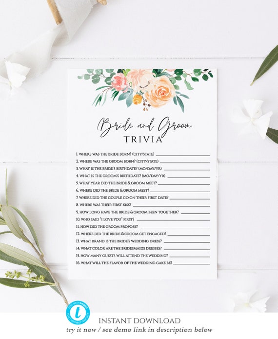 Wedding Trivia Floral Bride And Groom Trivia Editable Bridal Etsy