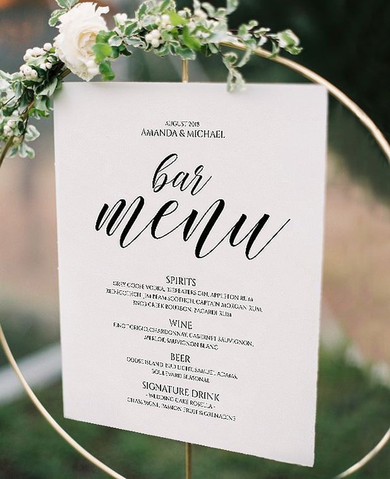 Wedding drink bar Sign template Wedding Bar Menu Printable Drink Menu Instant Download calligraphy Bar drink menu Sign