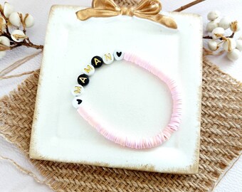 Bracelet en perles heishi pour maman, couleur pastel, cadeau idéal pour la fête des mères ou un anniversaire, inscription mum perles noires