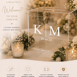 May include: A clear acrylic box with a gold-colored metal latch and a slot on top. The front features white text reading K M and the date 10.04.24. The image includes text stating A BEAUTIFUL Welcome TO YOUR FOREVER, CUSTOM WEDDING ACRYLIC BOX DECAL, and other details.