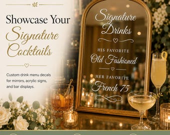 Custom Wedding Signature Drinks Decal, Personalized Cocktail Menu Sticker, His Hers Bar Decor