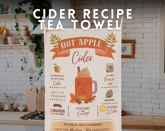 Paño de cocina con recetas, Paño de cocina con recetas de sidra de manzana caliente de otoño, Decoración festiva de cocina de otoño, Decoración de cocina de temporada de otoño