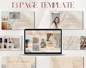 Könnte beinhalten: Eine 13-seitige Vorlage für eine Social-Media-Marketing-Präsentation. Die Vorlage verfügt über eine neutrale Farbpalette mit Beige, Braun und Weiß. Der Text auf der Vorlage ist in einer modernen, serifenlosen Schriftart. Die Vorlage enthält eine Vielzahl von Folien, darunter eine Kundenprojektfolie, eine Folie mit Fähigkeiten und Fertigkeiten und eine Folie mit dem Titel „Lass uns zusammenarbeiten“. Die Vorlage ist für die Verwendung durch einen UGC-Ersteller konzipiert.