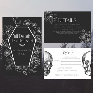 Till Death Do Us Part Halloween Theme Wedding Invitation Suite Coffin Stationary Printable Customizable Wedding Template