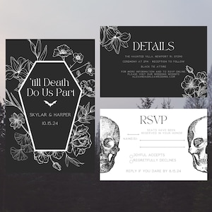 Till Death Do Us Part Halloween Theme Wedding Invitation Suite Coffin Stationary Printable Customizable Wedding Template