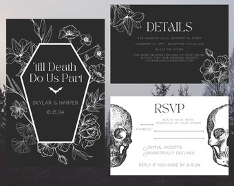 Till Death Do Us Part Halloween Theme Wedding Invitation Suite Coffin Stationary Printable Customizable Wedding Template