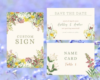 Conjunto de papelería de boda de primavera y jardín, letrero personalizable, guardar la fecha, tarjetas de presentación, plantilla DIY