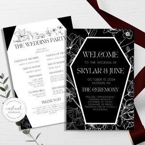 May include: Black and white wedding invitation with floral accents. The invitation features the text "Welcome to the wedding of Skylar & June" and the date "October 15, 2024".