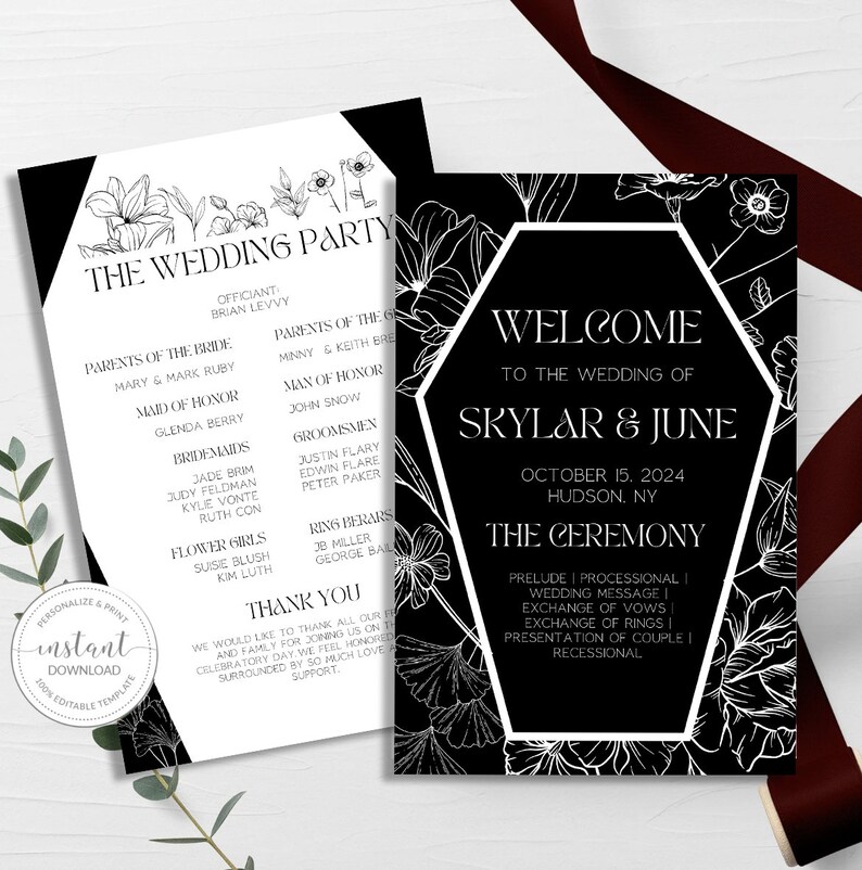 May include: Black and white wedding invitation with floral accents. The invitation features the text "Welcome to the wedding of Skylar & June" and the date "October 15, 2024".