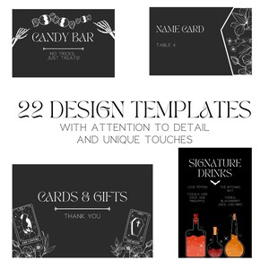 May include: A set of 22 black and white Halloween party design templates with a spooky and elegant theme. The templates feature illustrations of skeletons, candy, tarot cards, and potion bottles. The text on the templates includes "Candy Bar", "Name Card", "Cards & Gifts", "Signature Drinks", and "Thank You".