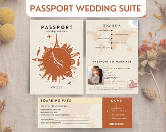 Pasaporte invitación de boda destino boda invita a viajes Wanderlust internacional personalizable imprimible estacionario aventurero