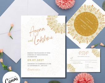 Suite de invitación de boda hindú, boda india personalizable, papelería de invitación de boda Mandala, guardar la fecha, Diwali, Canva imprimible