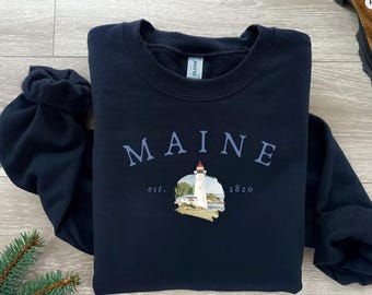 Sudadera de Maine con cuello redondo, acuarela, costa, icónico faro de Maine, Acadia, otoño, verano, viaje por carretera, vintage, cuello redondo, encanto costero