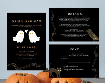 Halloween Wedding Invitation Suite Customizable Adorable Ghosts Gothic Spooky
