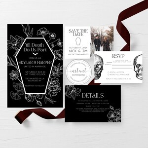 May include: Black and white wedding invitation suite with a gothic theme. The invitation features a coffin-shaped design with floral accents and the text "'till Death Do Us Part". The save the date card features a black and white photo of a couple in front of a snowy landscape. The RSVP card features two skull illustrations and the text "RSVP".